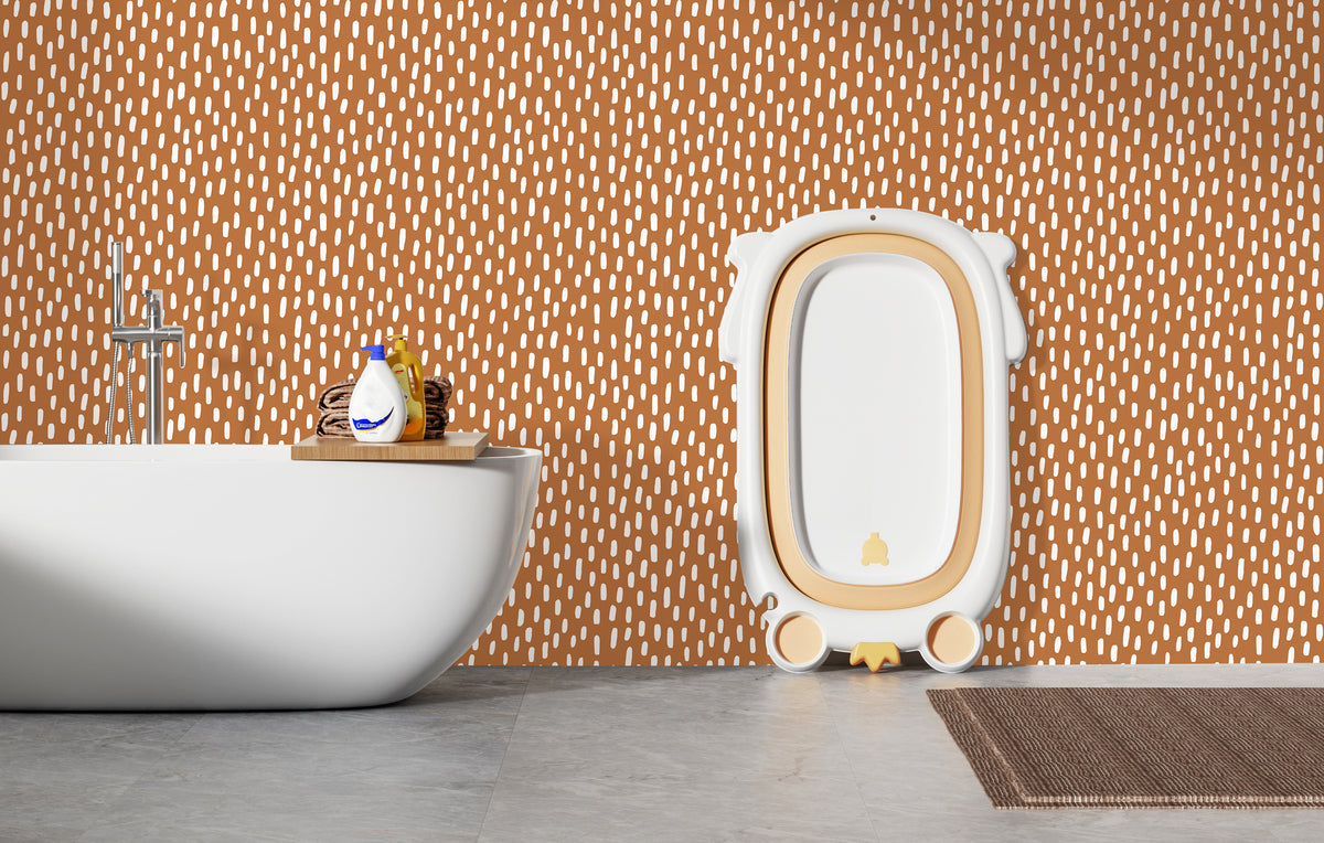 HaokHome terracotta dotted self-adhesive wallpaper, freestanding tub bathroom, earth tone water-resistant peel and stick wall covering