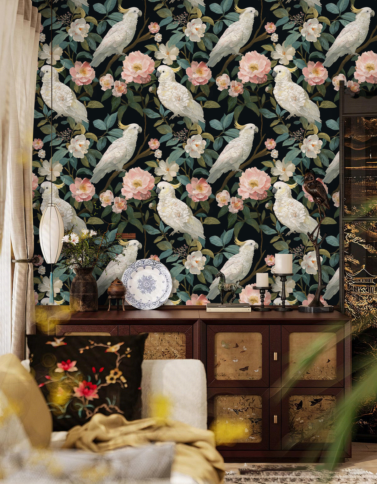 HaokHome tropical bird floral removable wallpaper for home office, dark botanical accent wall with white cockatoo and pink blooms