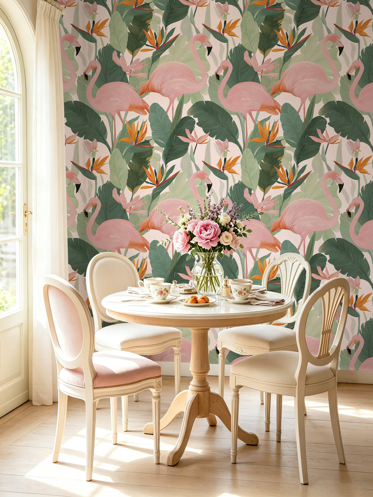 HaokHome tropical flamingo peel‑and‑stick wallpaper for sunny soft‑toned dining room accent wall