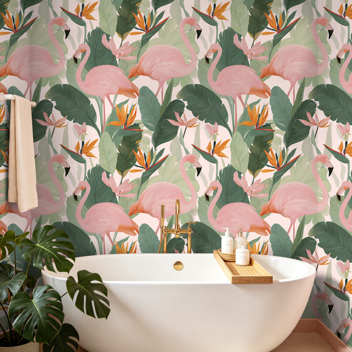 HaokHome vibrant pink flamingo tropical removable wallpaper for dreamy clawfoot‑tub bathroom