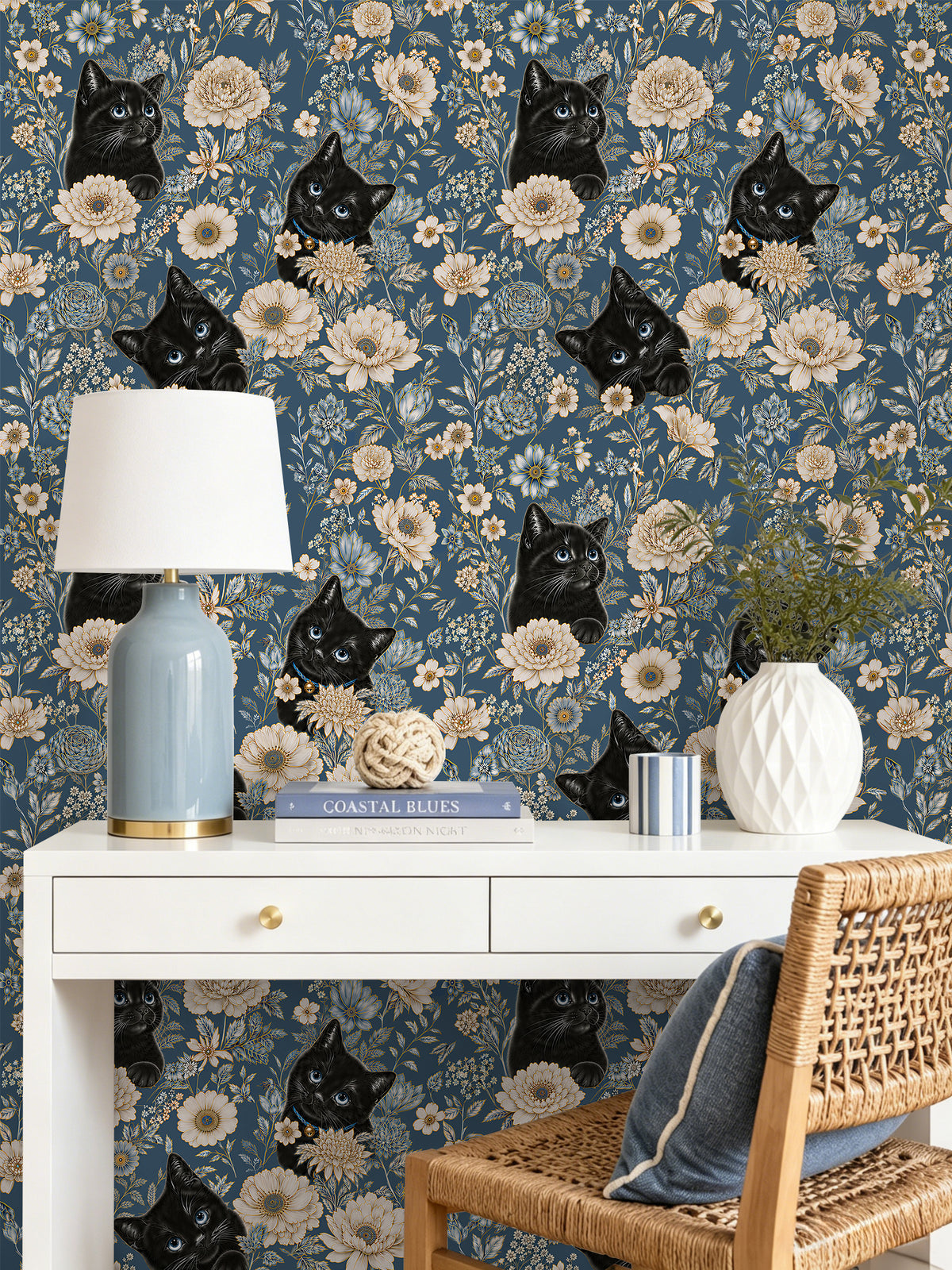 HaokHome vintage blue floral cat self adhesive wallpaper, white desk study corner