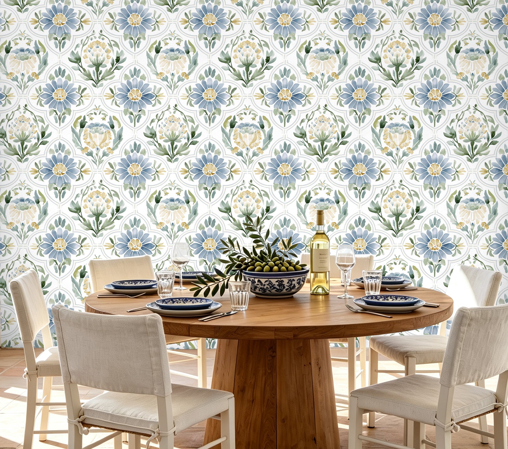 HaokHome vintage blue floral self‑adhesive wallpaper for dining room accent wall, farmhouse home decor