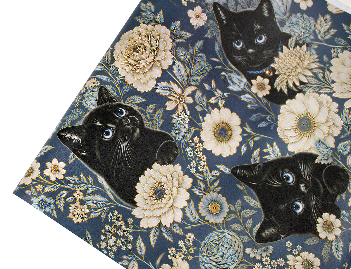 HaokHome vintage blue flower cat wallpaper pattern closeup, hidden black cat print