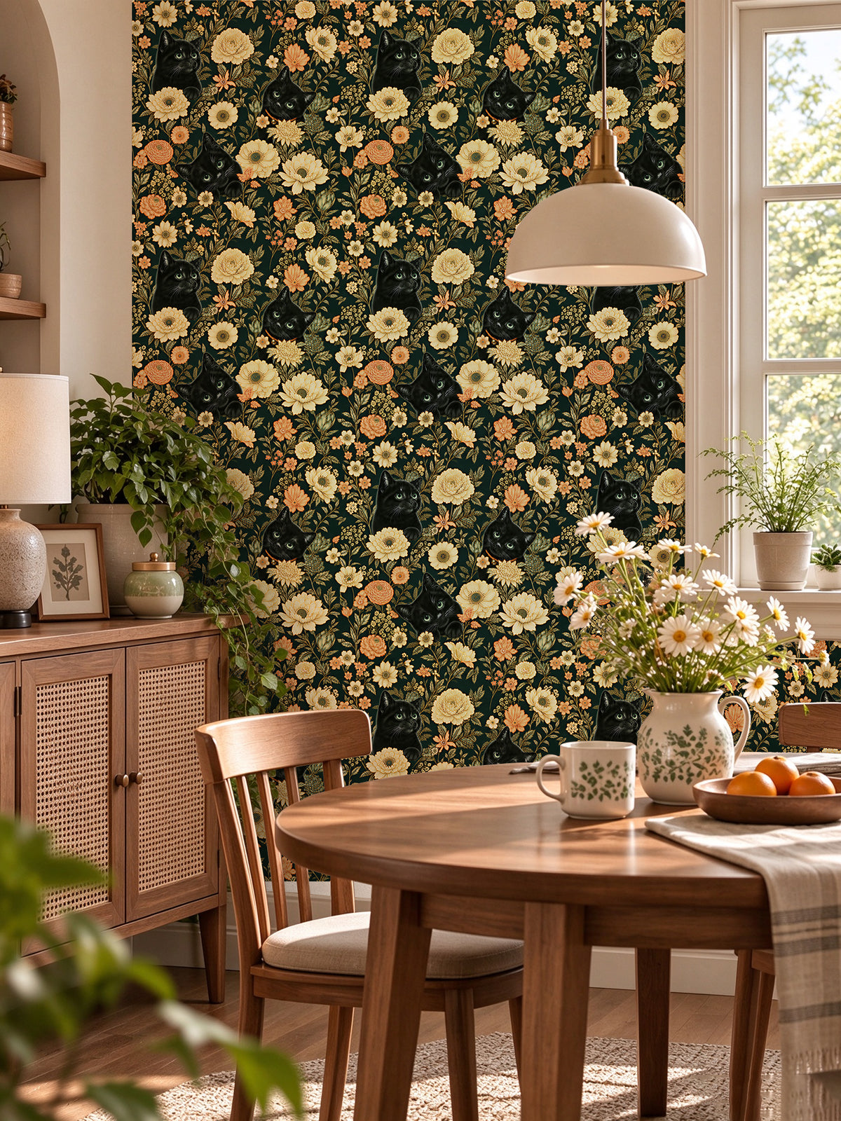 HaokHome vintage cat floral peel and stick wallpaper, warm cottage dining room scene