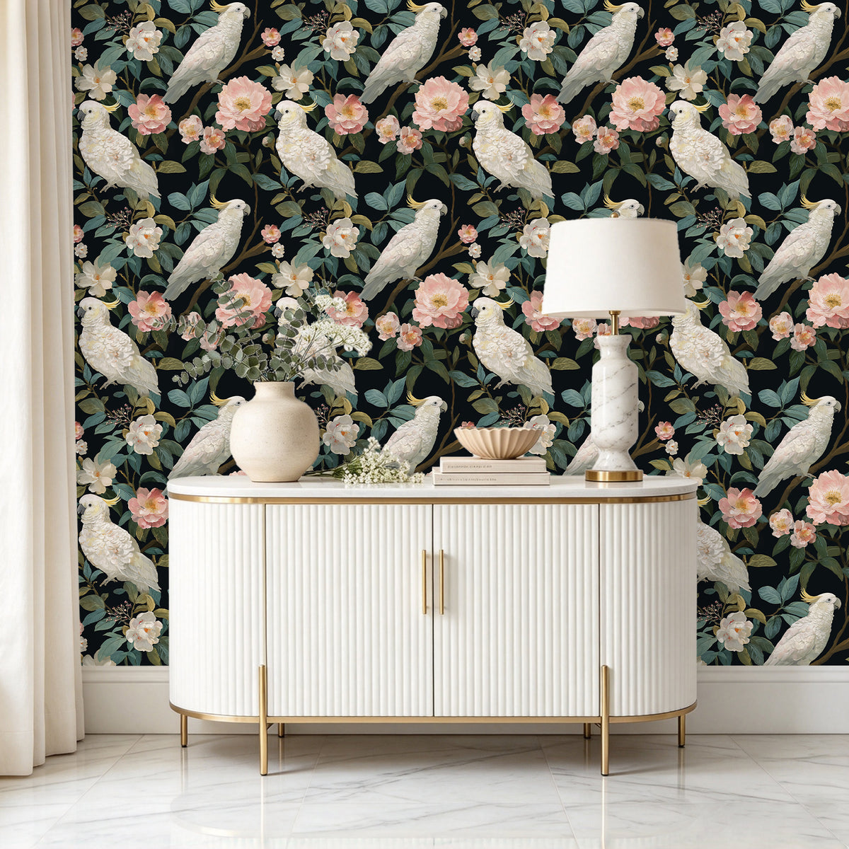 HaokHome vintage cockatoo botanical peel and stick wallpaper for entryway, dark feature wall for classic home interior