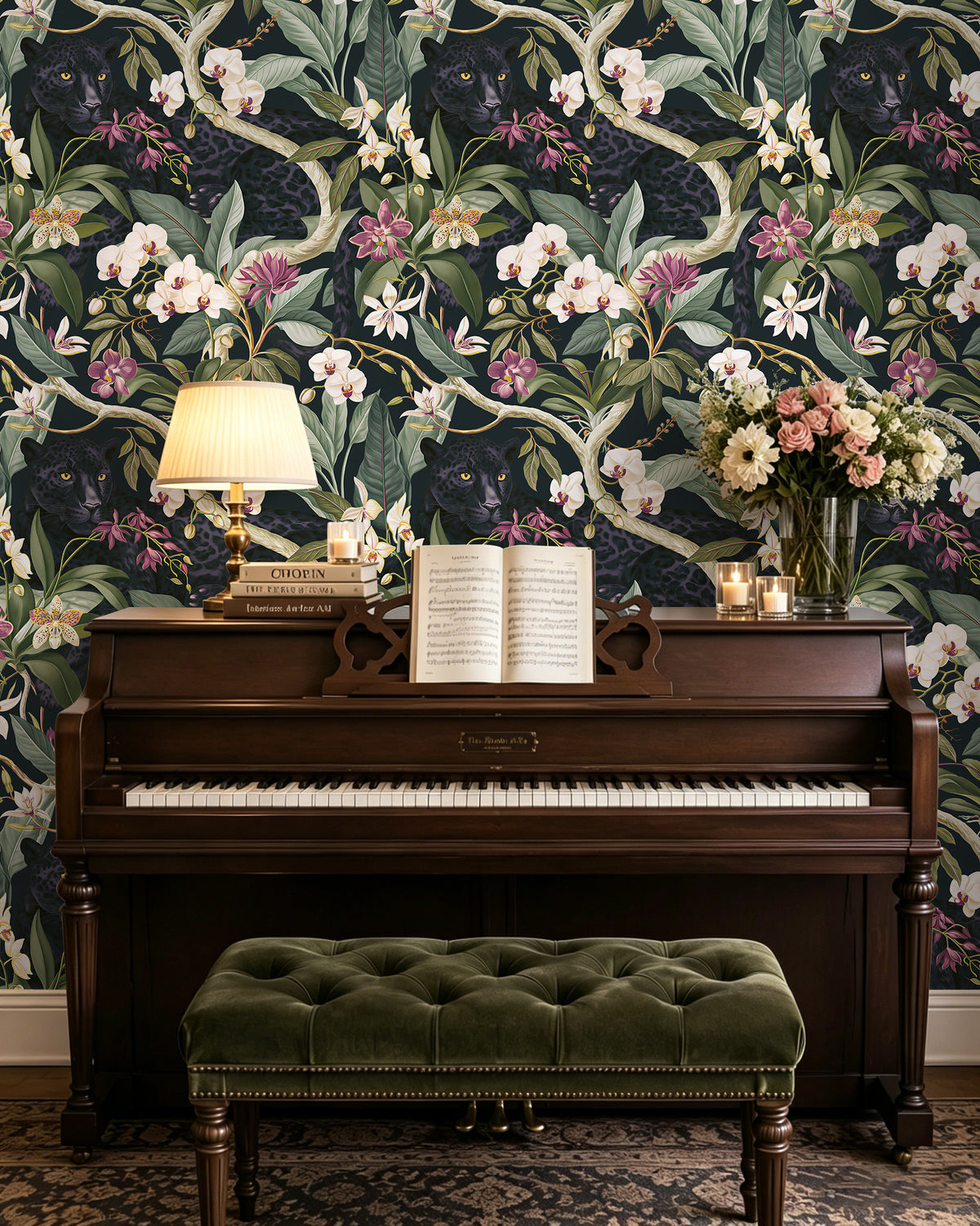HaokHome vintage dark botanical removable wallpaper for music room piano wall decor