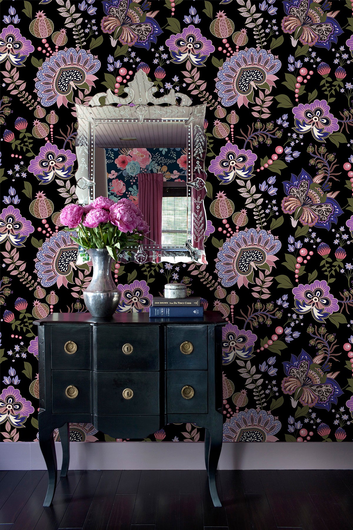 HaokHome vintage dark floral removable wallpaper, boho purple flower wall behind vanity table