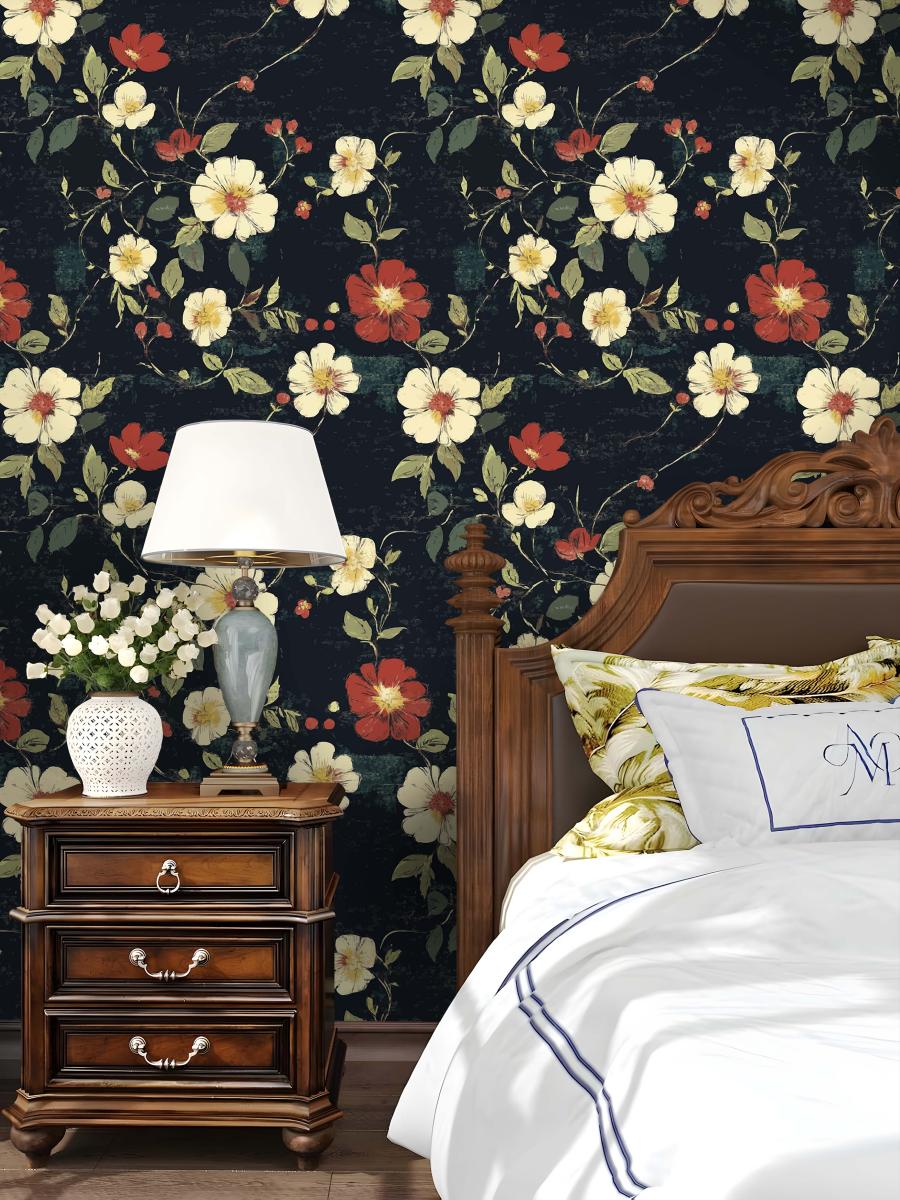 HaokHome vintage dark flower peel and stick wallpaper, moody botanical wall mural for bedroom accent wall