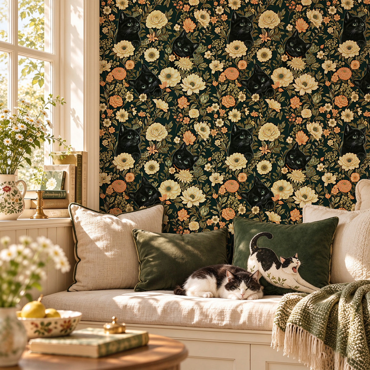 HaokHome vintage floral removable wallpaper, dark green cat pattern living room nook
