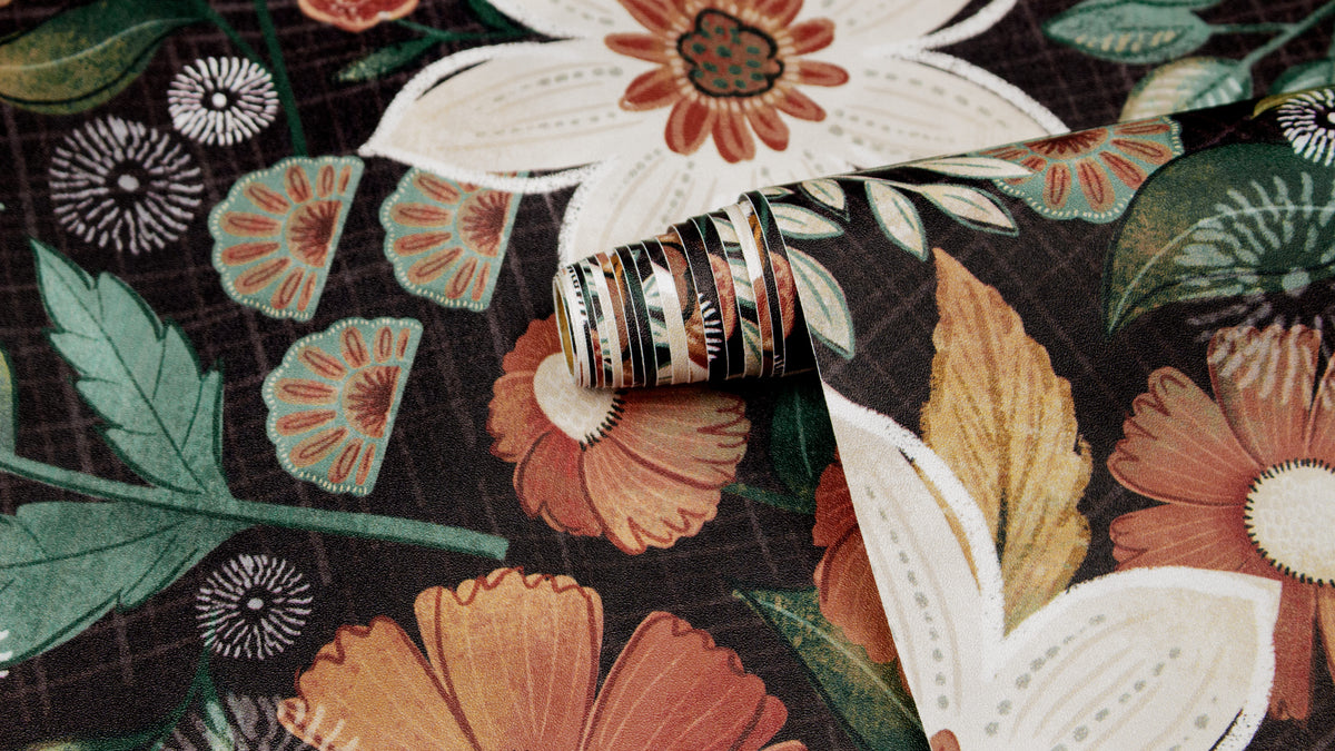 HaokHome vintage flower wallpaper closeup, boho botanical pattern texture detail