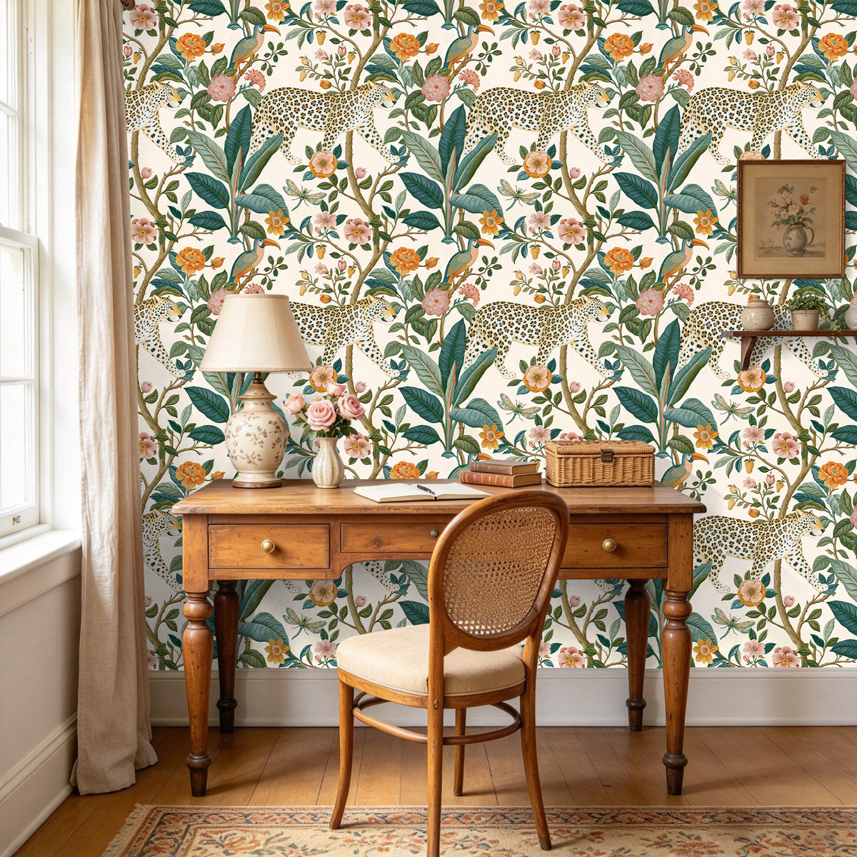 HaokHome vintage jungle leopard floral peel and stick wallpaper for home office desk wall decor