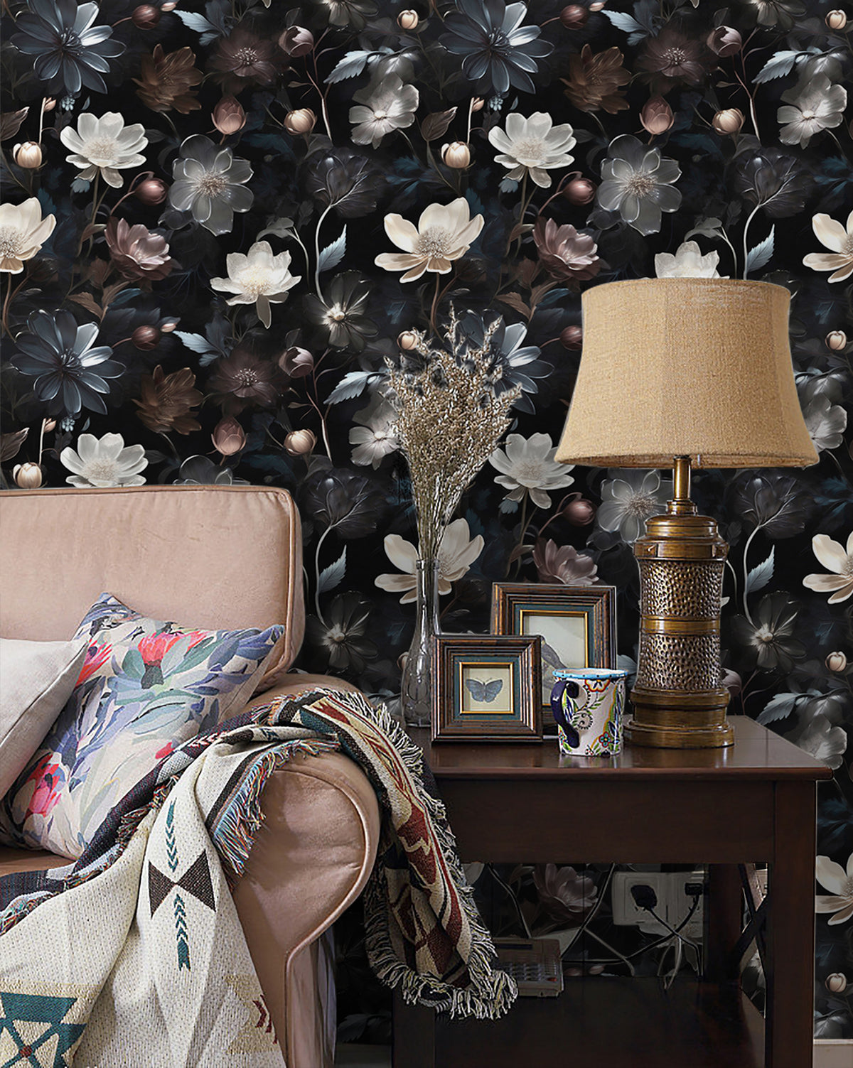 HaokHome vintage magnolia peel and stick wallpaper, dark floral accent wall behind soft sofa, cozy living room styling