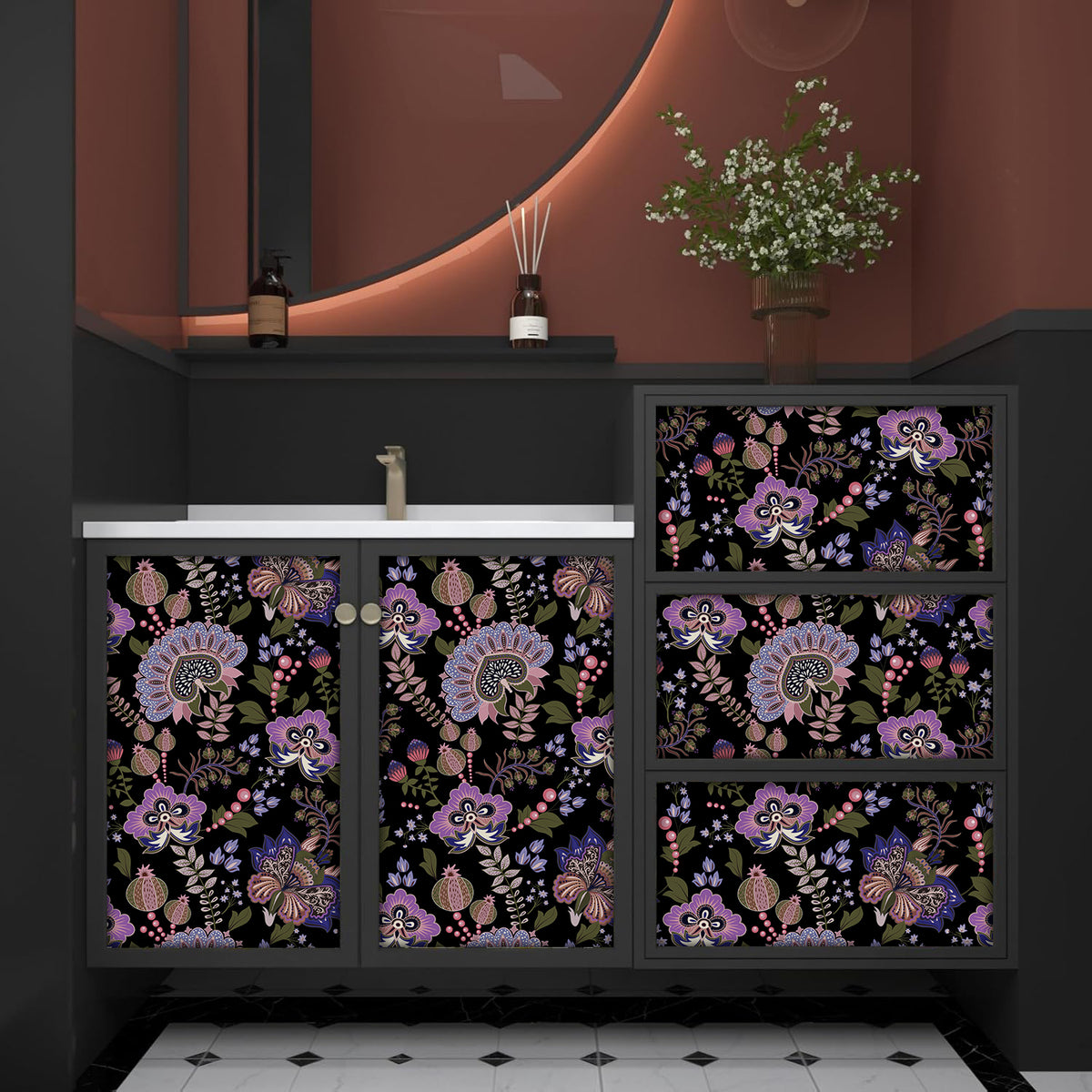 HaokHome vintage purple floral removable wallpaper, dark botanical wallpaper for bathroom cabinet and wall decor