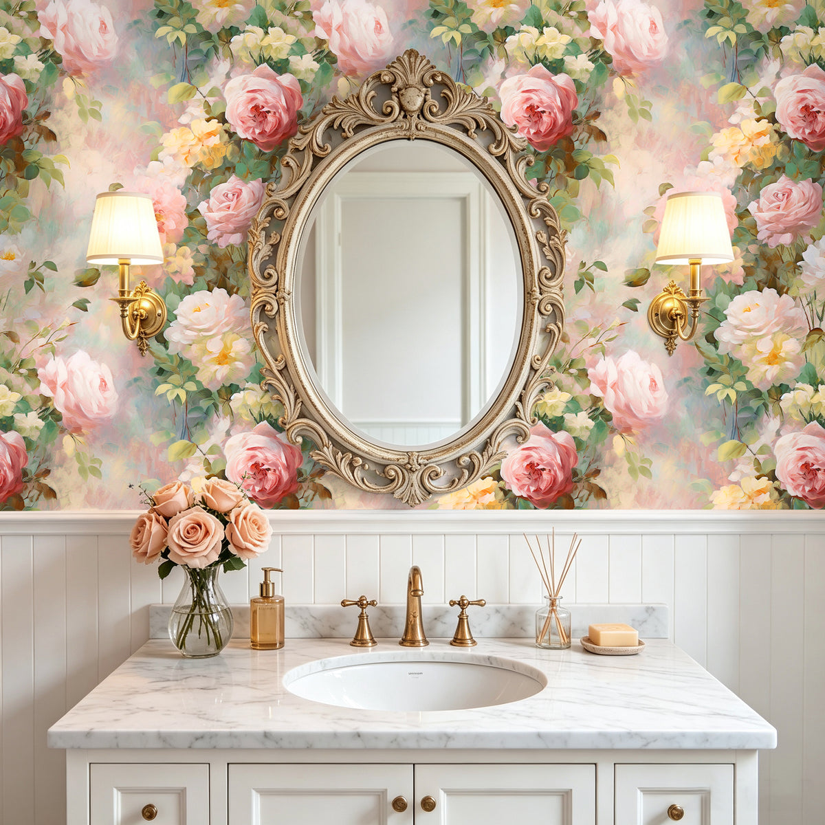 HaokHome vintage watercolor pink rose peel and stick wallpaper, floral wall covering for bathroom decor