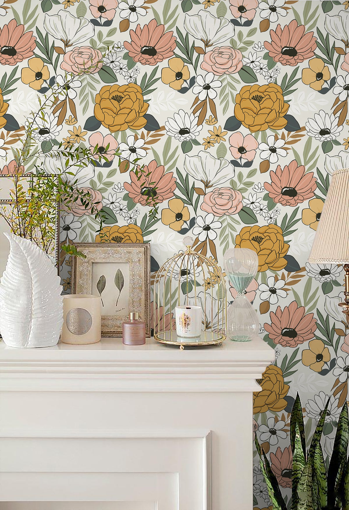 HaokHome warm muted floral peel‑and‑stick wallpaper for charming cottage entry console nook