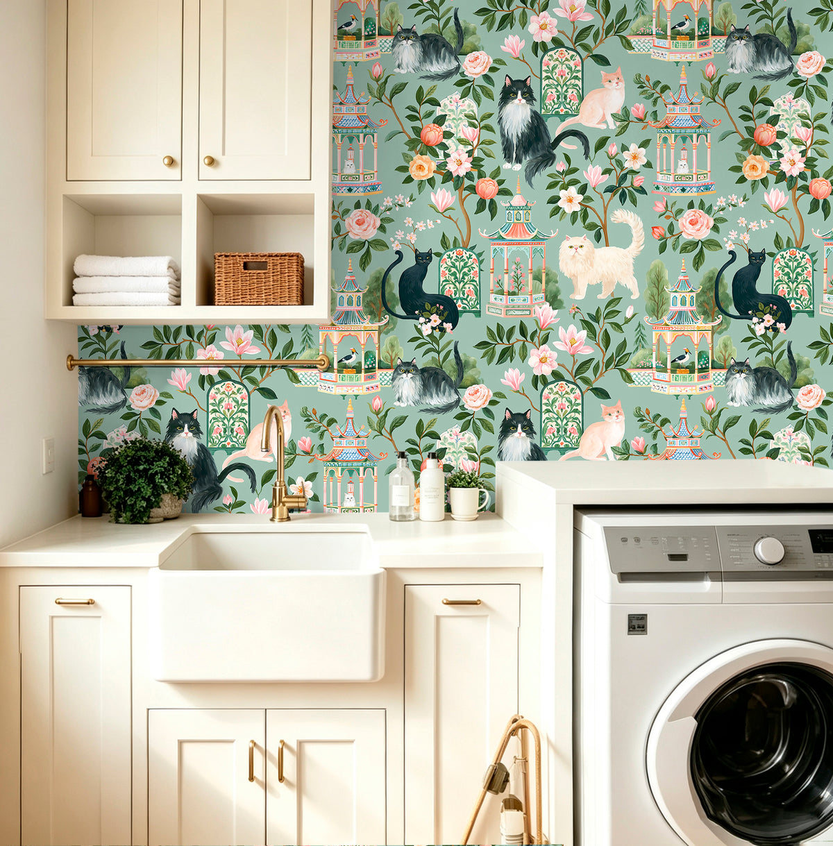 HaokHome waterproof sage green cat floral self adhesive wallpaper for laundry room wall