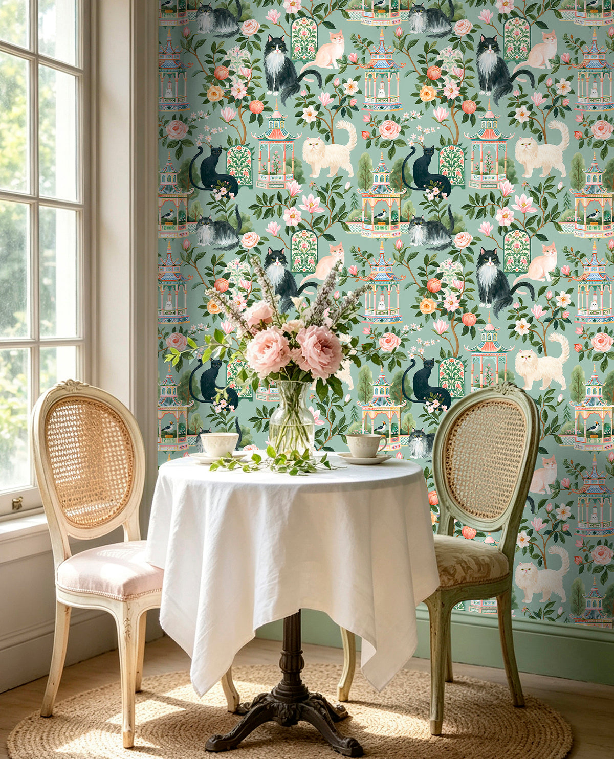 HaokHome whimsical cat botanical peel stick wallpaper for dining room, sage green floral wall mural