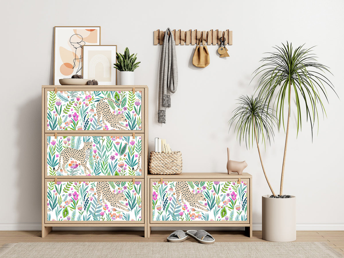 HaokHome whimsical leopard floral peel and stick wallpaper for dresser furniture makeover