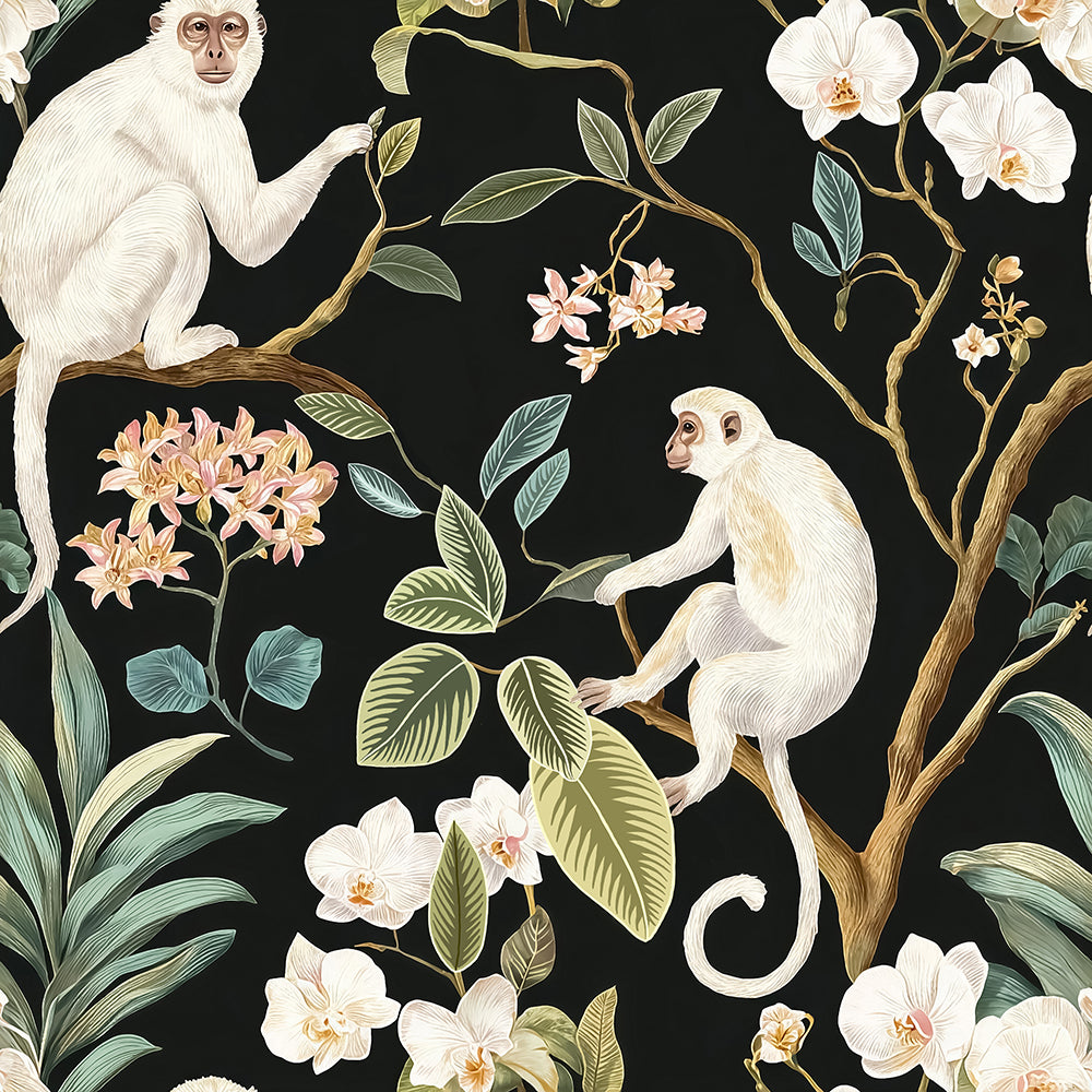 Haokhome Black Background White Monkey Tropical Orchid Removable Self-Adhesive Wallpaper