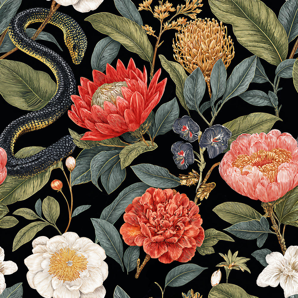 Haokhome dark botanical peel and stick wallpaper black background snake protea vintage jungle floral mural