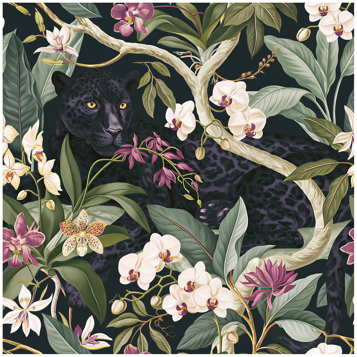 Haokhome Black Panther Tropical Orchid Wallpaper, Dark Jungle Removable Self-Adhesive Wall Covering