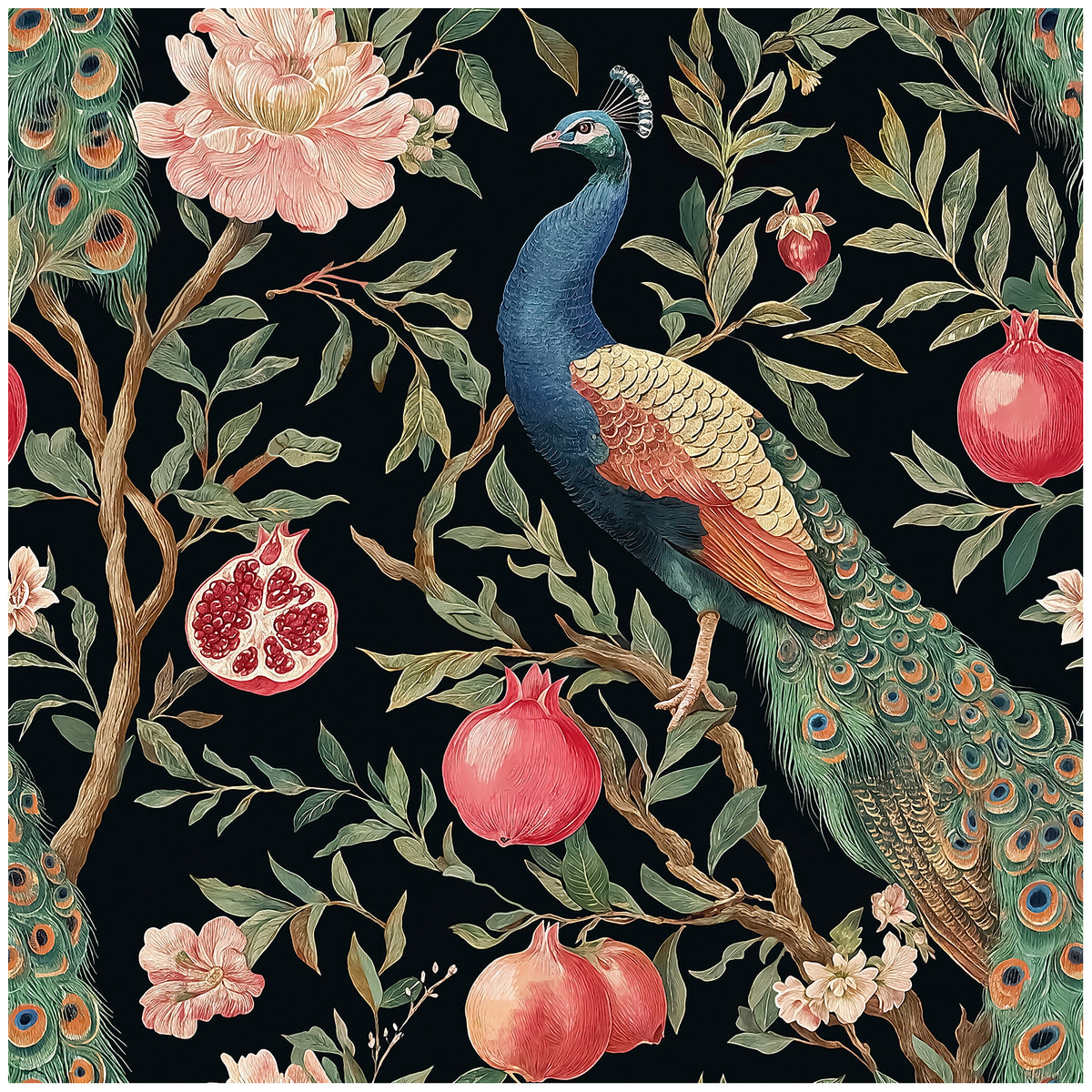Haokhome Blue Peacock Pomegranate Floral Peel and Stick Wallpaper, Black Vintage Wall Covering