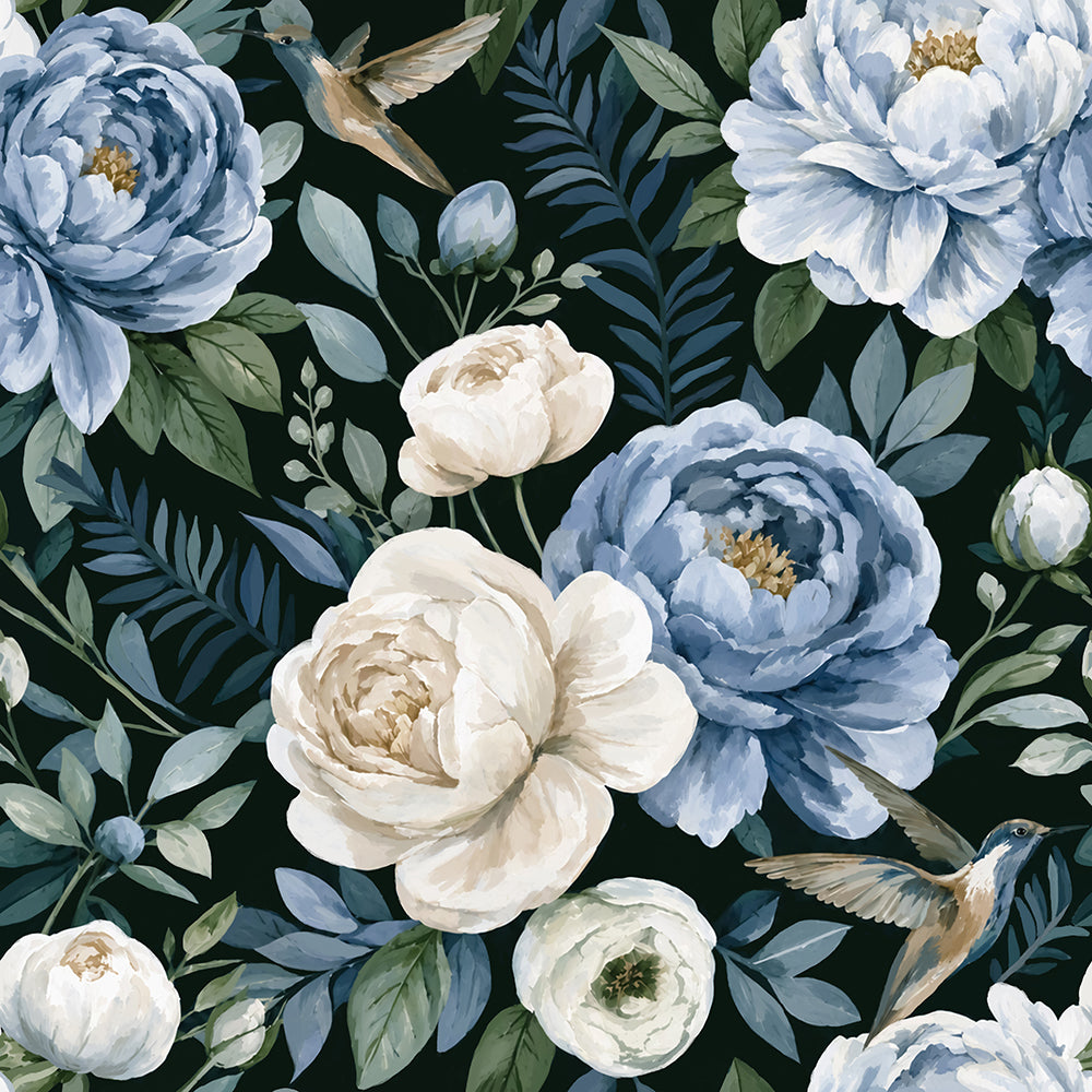 Haokhome Blue White Peony Hummingbird Wallpaper, Dark Green Removable Self-Adhesive Wall Covering