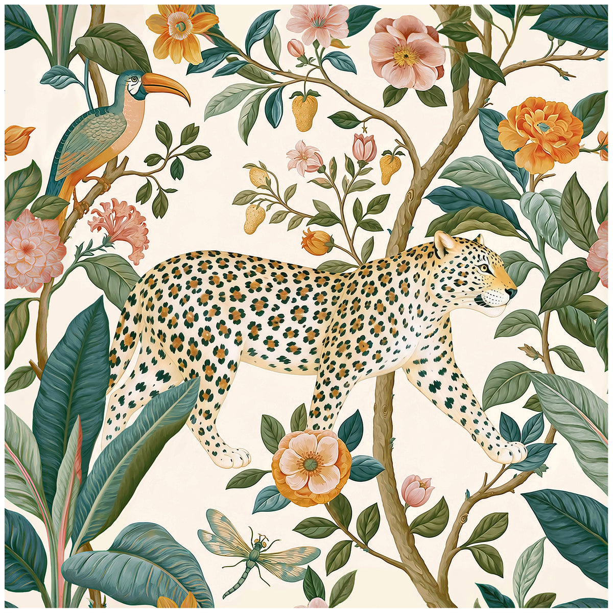 Haokhome Cream Background Leopard Toucan Tropical Floral Removable Self-Adhesive Wallpaper