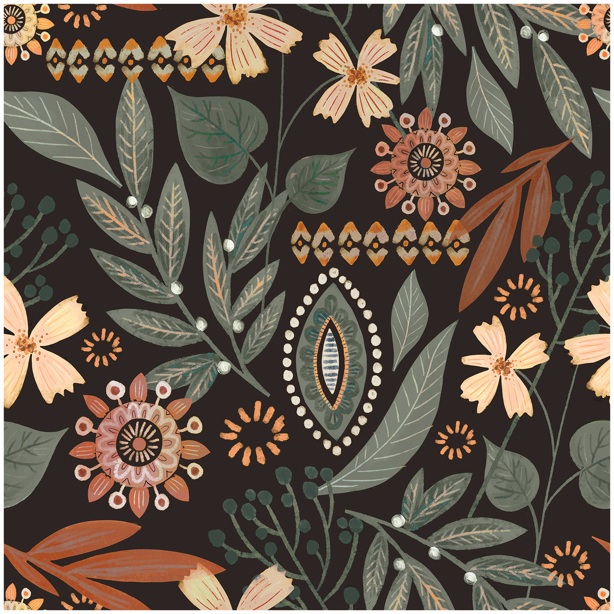 Haokhome Dark Boho Floral Peel and Stick Wallpaper, Black Background Bohemian Wildflower Wall Covering