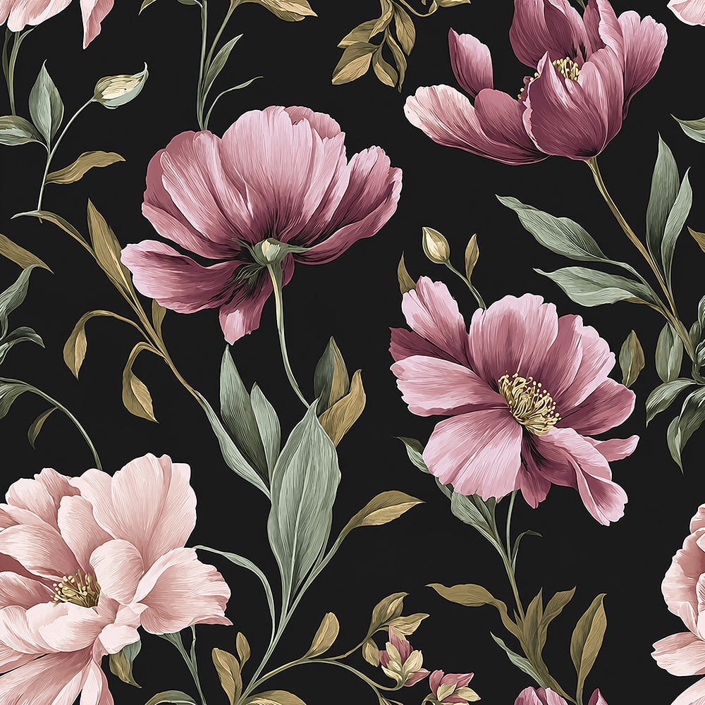 Haokhome Dark Cottagecore Peel and Stick Wallpaper, Dusty Pink Tulip Floral Wall Mural