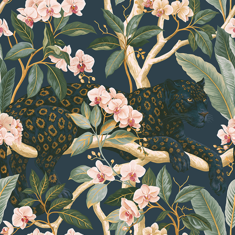 Haokhome Dark Teal Black Panther Pink Orchid Removable Self-Adhesive Wallpaper