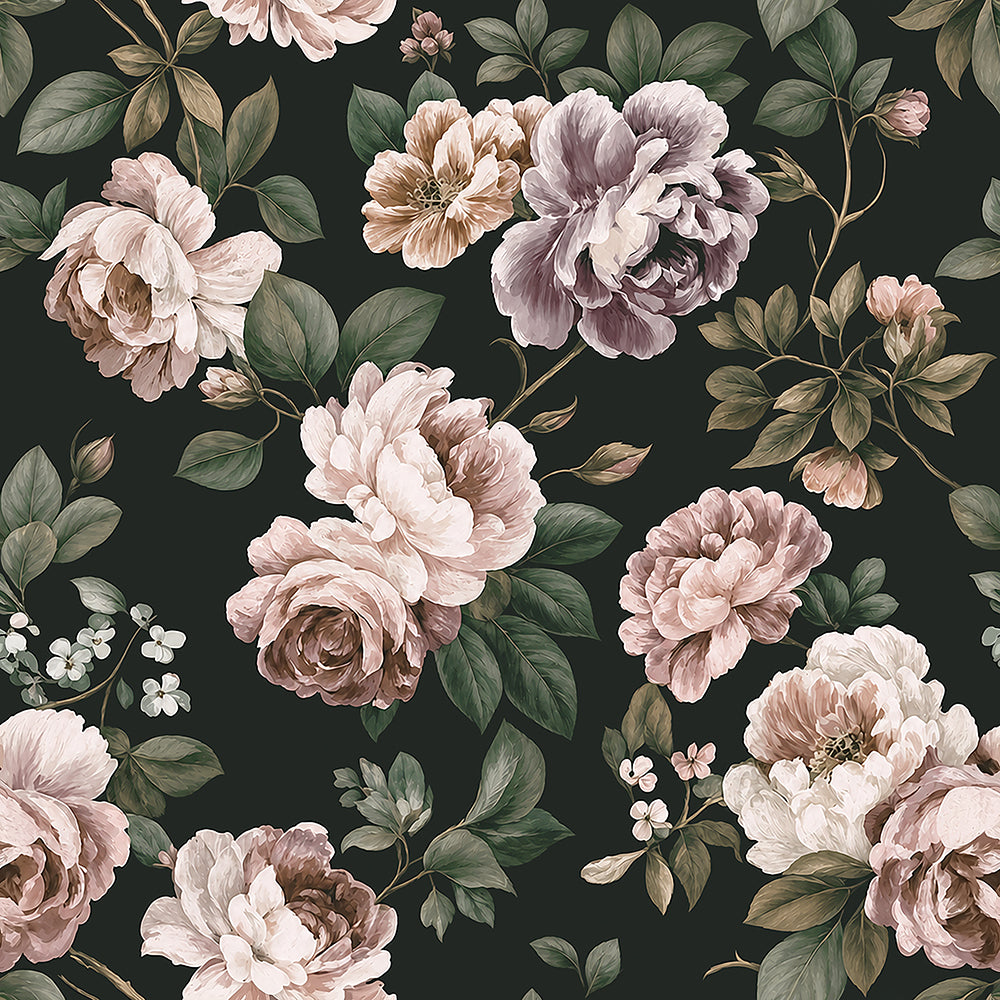 Haokhome Dark Victorian Peel and Stick Wallpaper, Muted Mauve Peony Floral Mural
