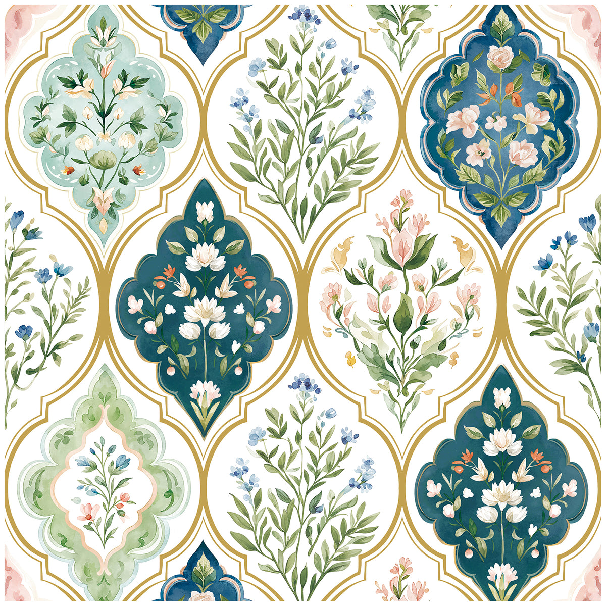 Haokhome Moroccan Watercolor Floral Tile Removable Self-Adhesive Wallpaper, Vintage Colorful Botanical Wall Covering