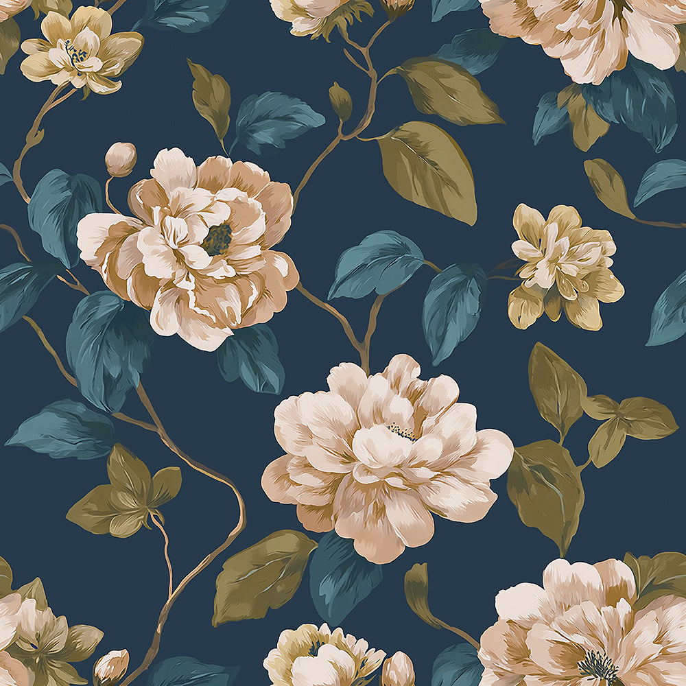 Haokhome Navy Blue Vintage Peony Peel and Stick Wallpaper, Cream Floral Wall Mural