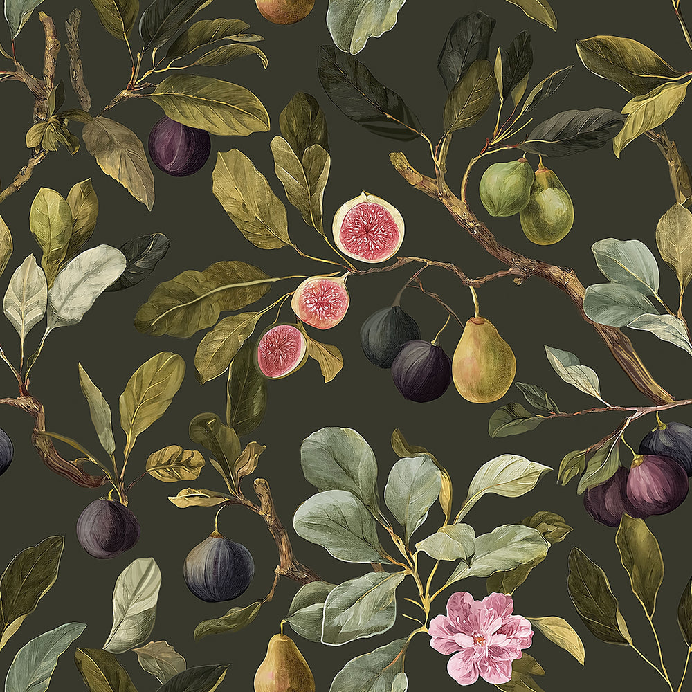 Haokhome Olive Green Botanical Peel and Stick Wallpaper, Fig & Pear Vintage Fruit Mural