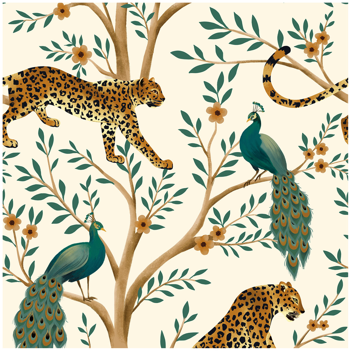 Haokhome Vintage Jungle Leopard Peacock Removable Self-Adhesive Wallpaper, Cream Background Tropical Tree Wall Mural