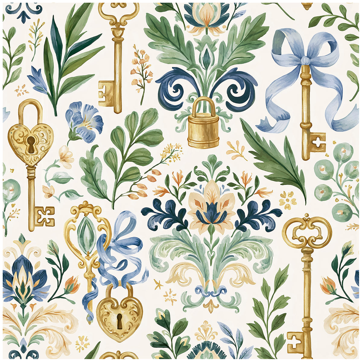 Haokhome Vintage Key Lock Floral Removable Self‑Adhesive Wall Covering, Antique Rococo Ornament Wallpaper