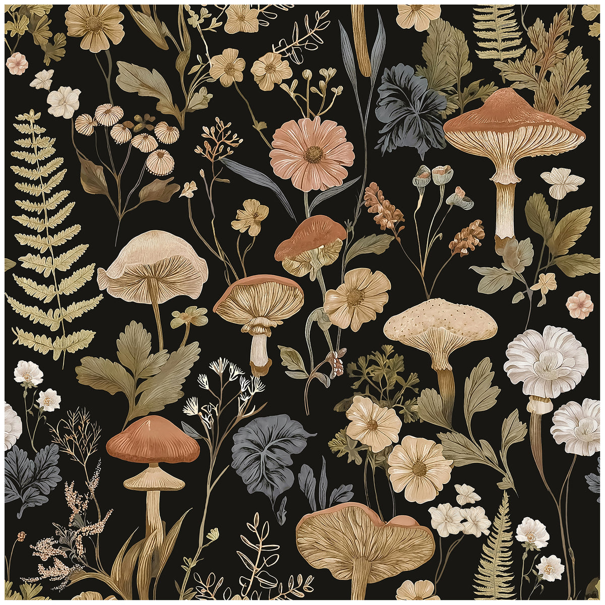 Haokhome Vintage Mushroom Fern Floral Peel and Stick Wallpaper, Black Dark Botanical Wall Covering