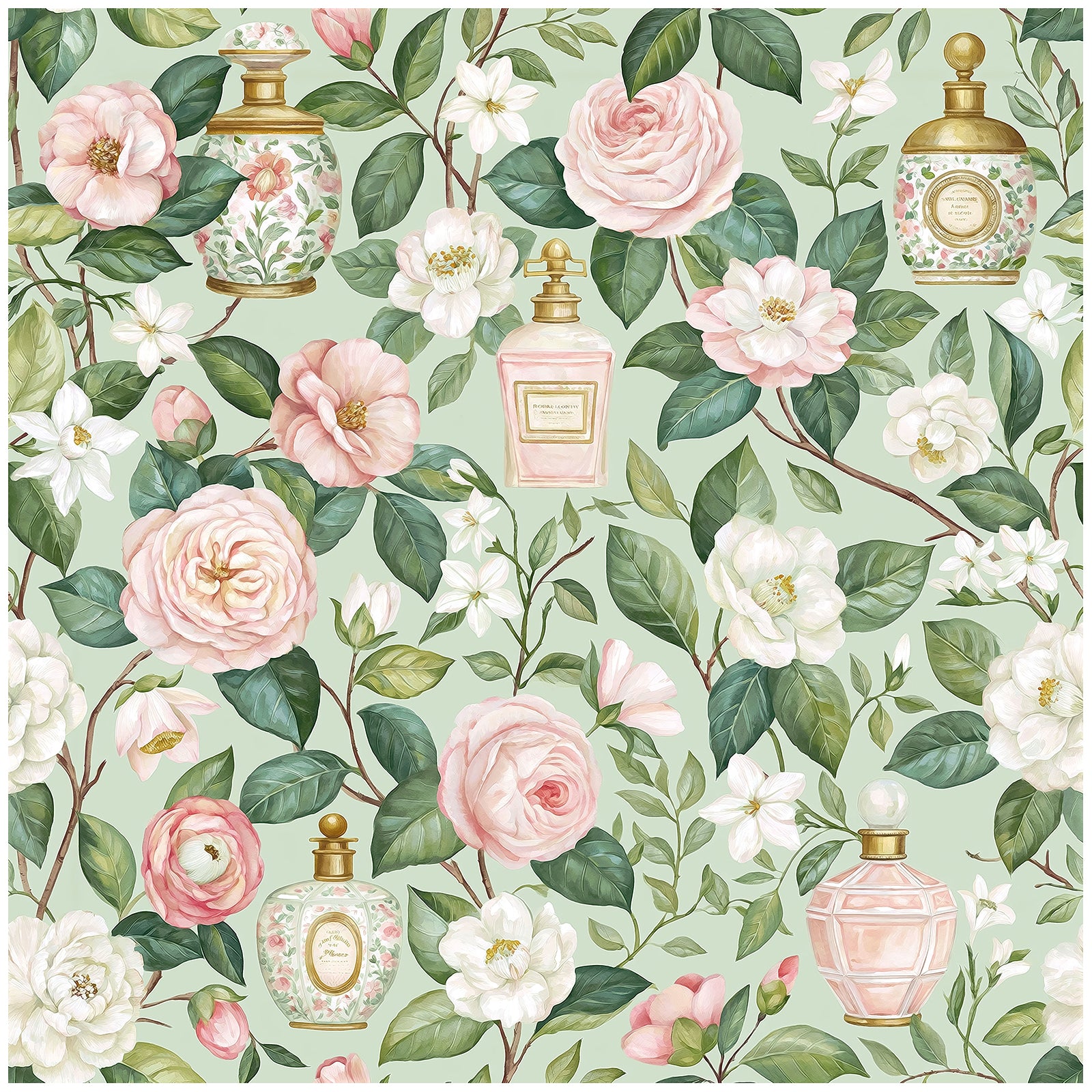 Haokhome Vintage Perfume Bottle Rose Camellia Peel and Stick Wallpaper, Soft French Floral Wall Decor