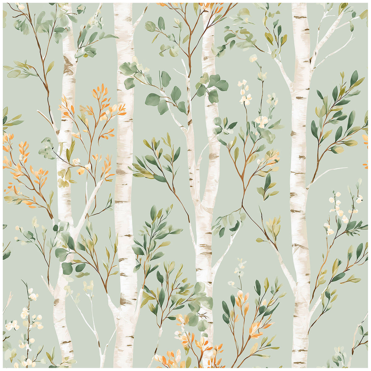 Haokhome Watercolor Birch Tree Peel and Stick Wallpaper, Sage Green Botanical Wall Covering