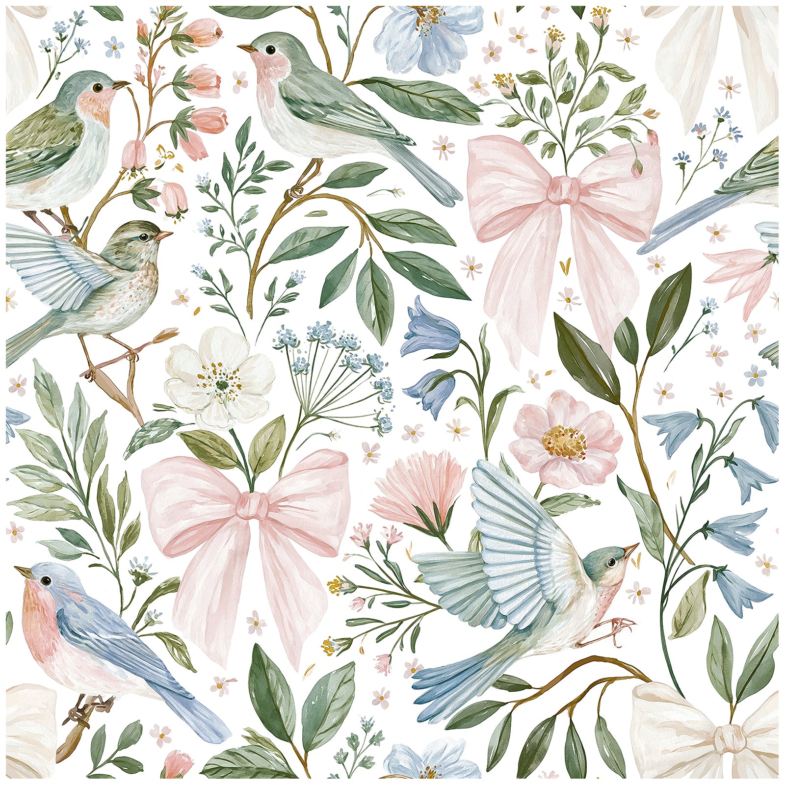 Haokhome Watercolor Bird & Pink Bow Peel and Stick Wallpaper, Vintage Cottagecore Floral Mural