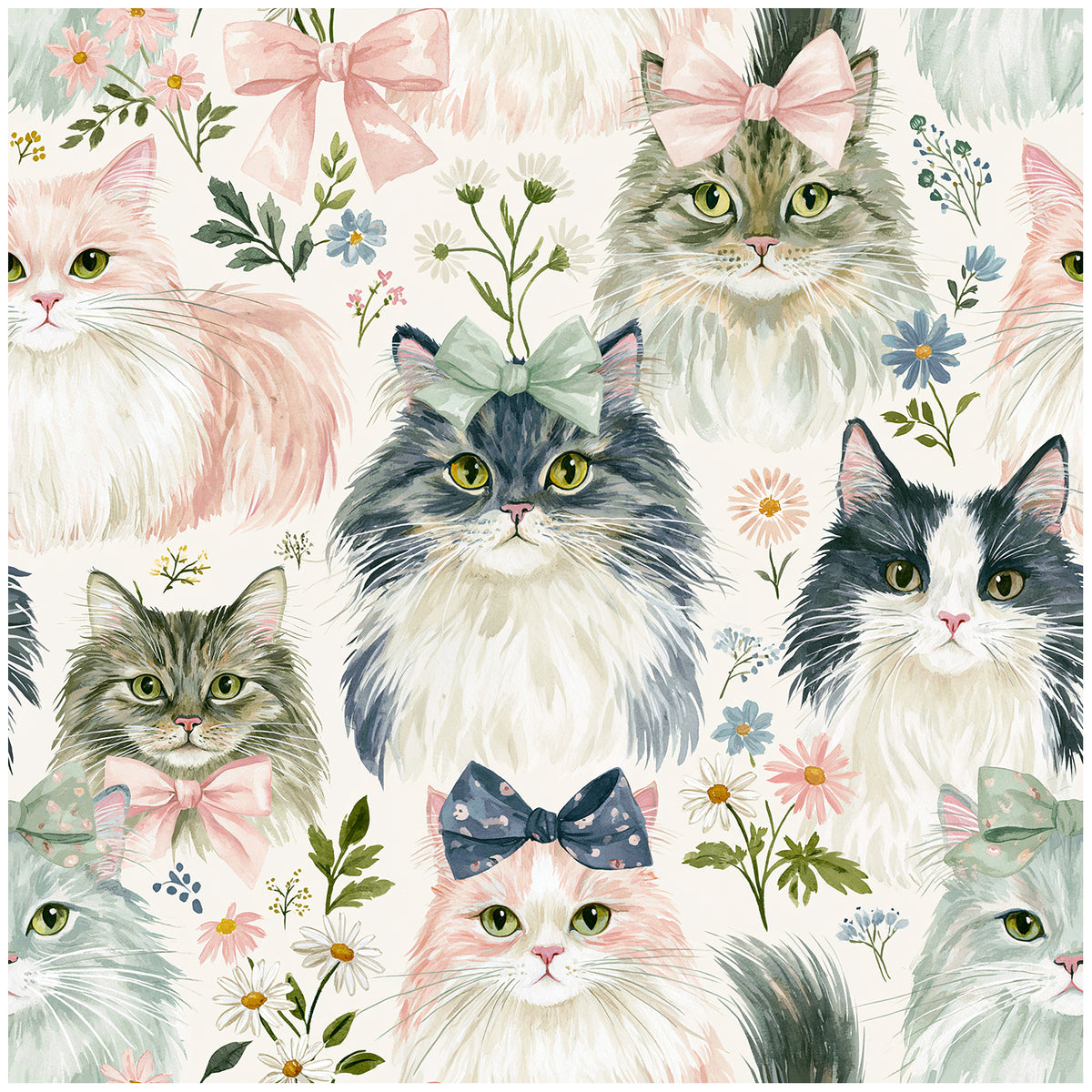 Haokhome Watercolor Fluffy Cat Bow Removable Self‑Adhesive Wall Covering, Whimsical Kitten Kids Wallpaper