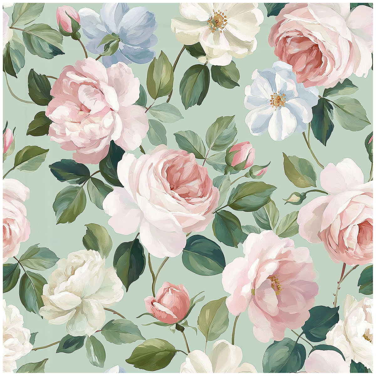 Haokhome Watercolor Large Rose Peel and Stick Wallpaper, Sage Green Floral Wall Covering