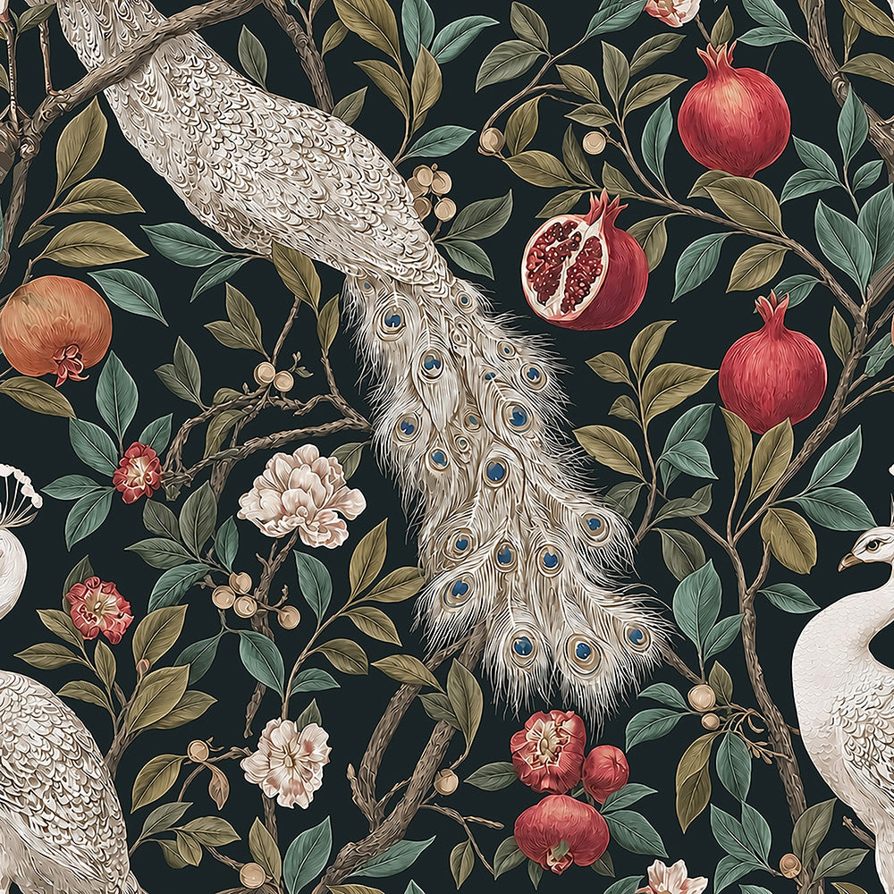 Haokhome White Peacock Pomegranate Peel and Stick Wallpaper, Dark Green Vintage Wall Covering