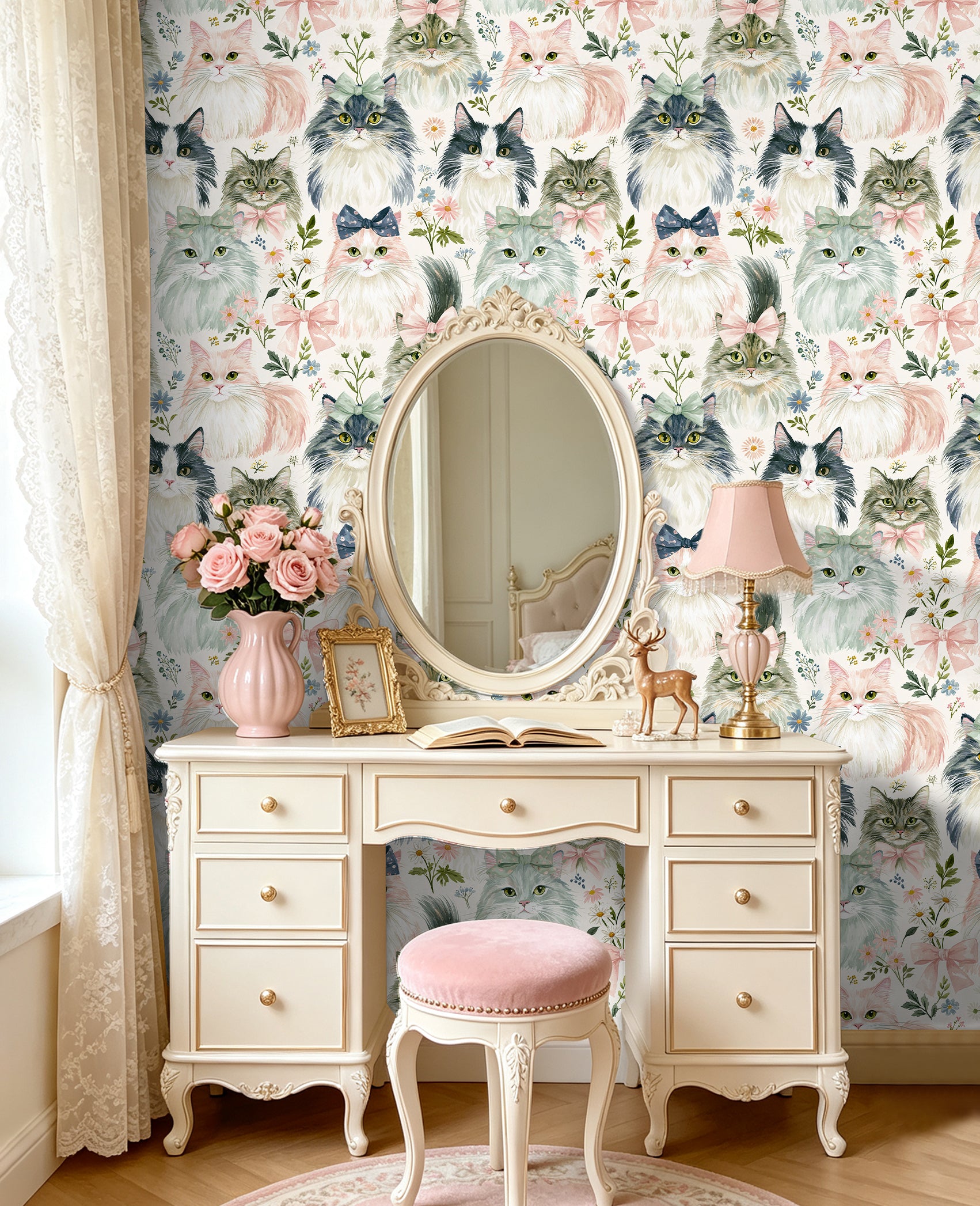 Haokhome adorable cat peel and stick wallpaper for vanity entry accent wall decor