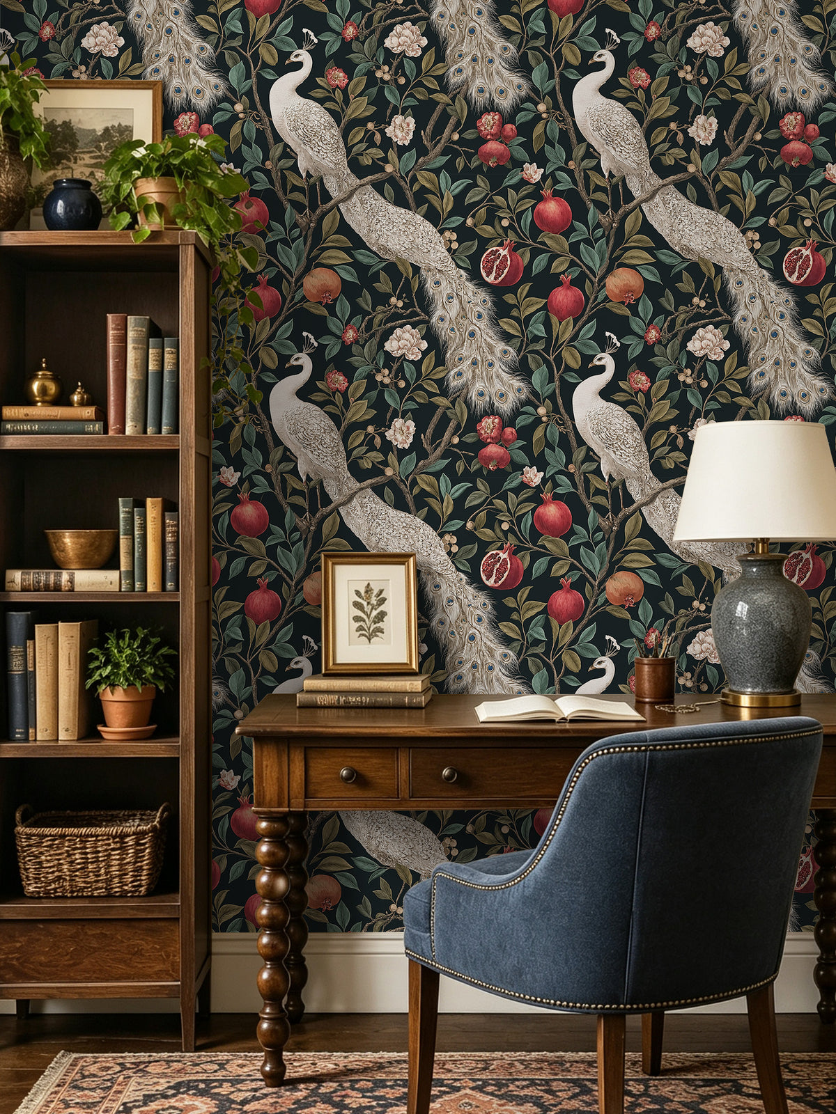 Haokhome antique peacock floral peel and stick wallpaper, home office accent wall decor
