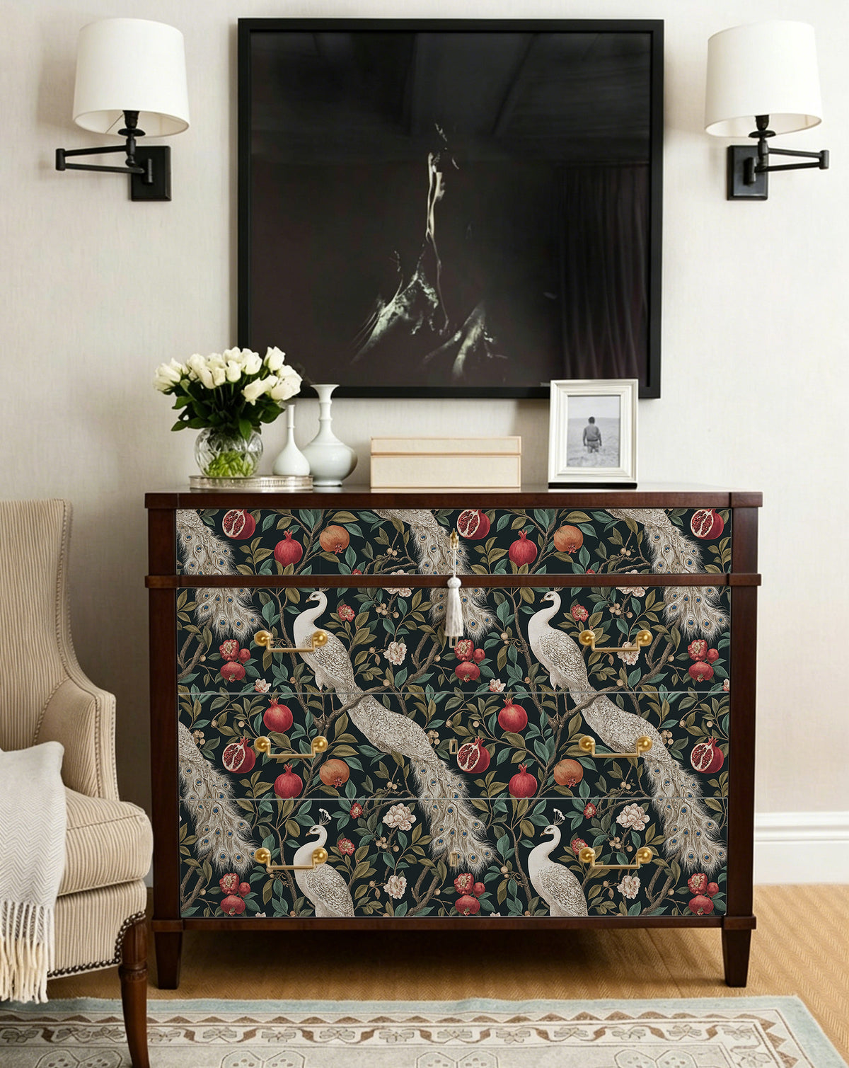 Haokhome antique peacock fruit removable wallpaper, cabinet accent wall vintage home decor