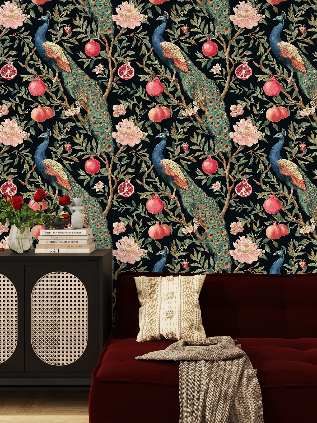Haokhome antique peacock fruit removable wallpaper, sideboard accent wall dark botanical home decor