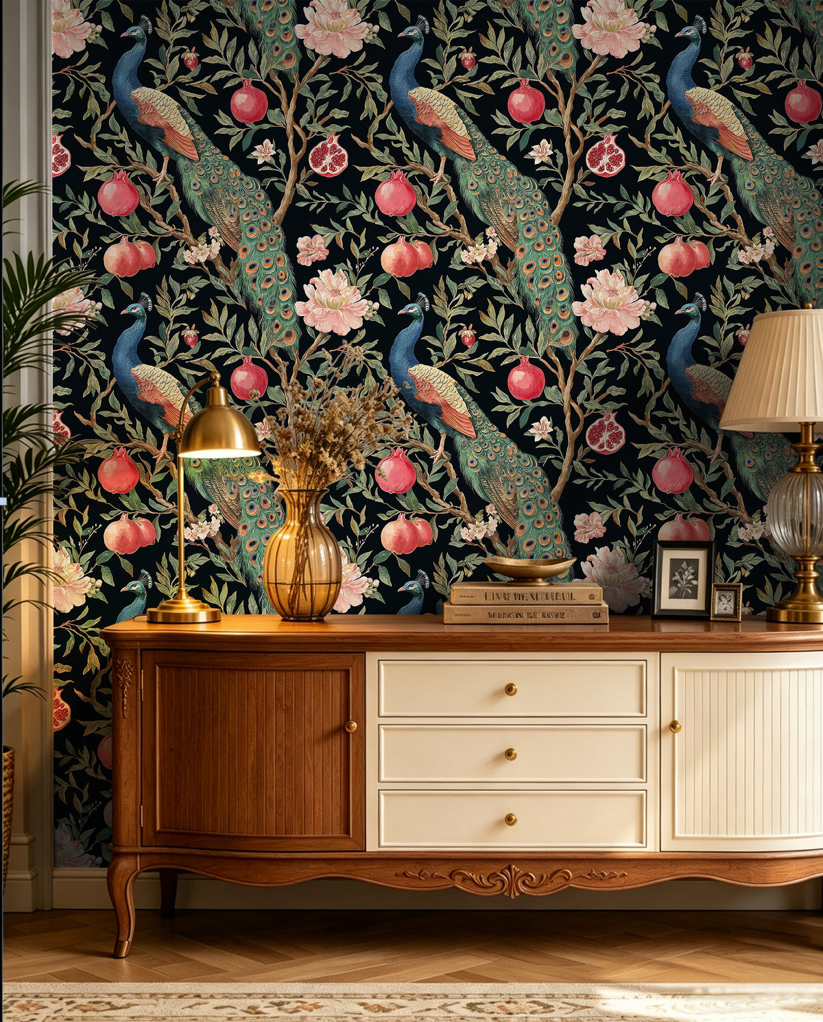 Haokhome antique peacock fruit removable wallpaper, wooden sideboard wall styling for living room