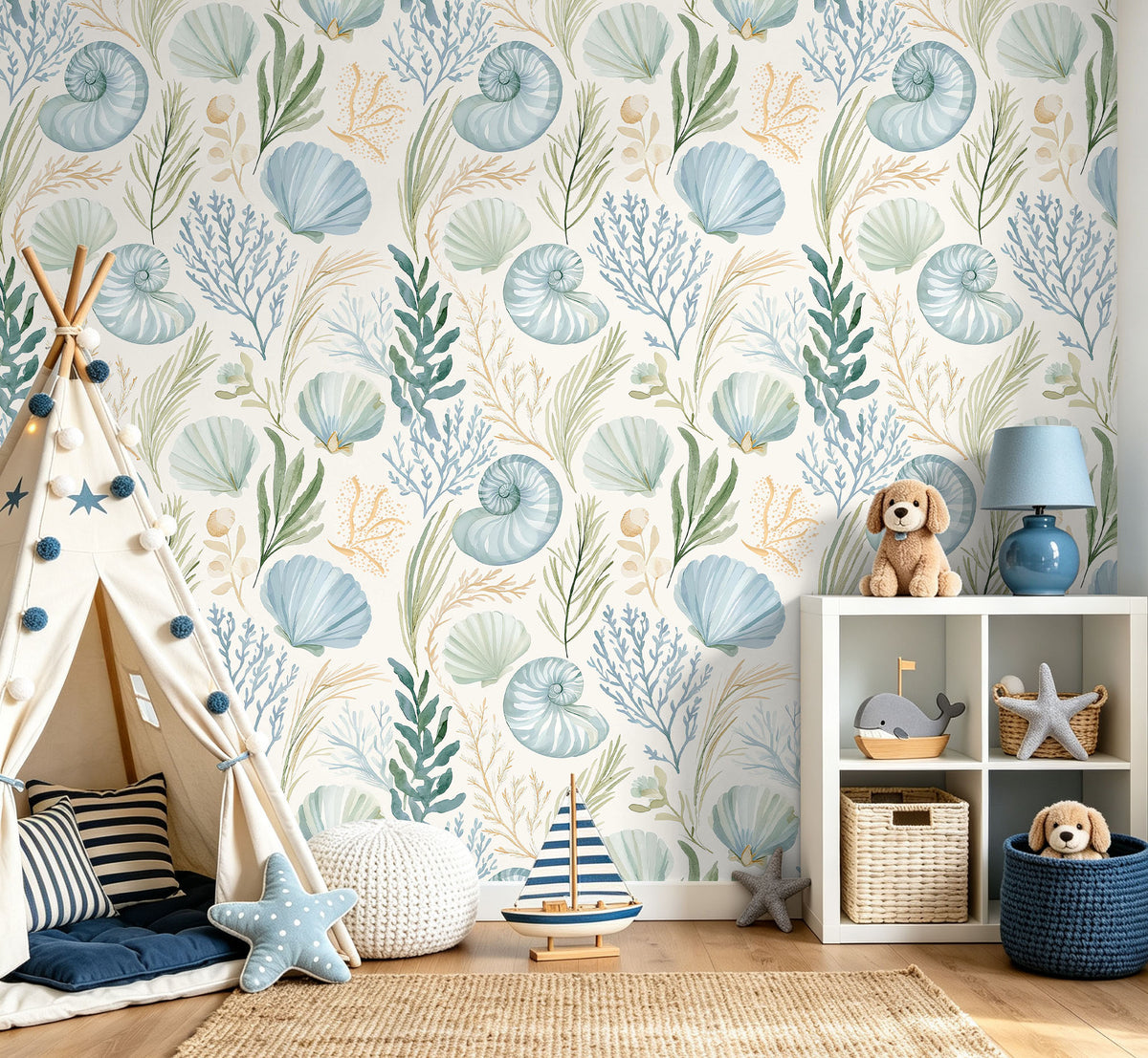 Haokhome beach themed peel‑and‑stick wallpaper for kids playroom with teepee
